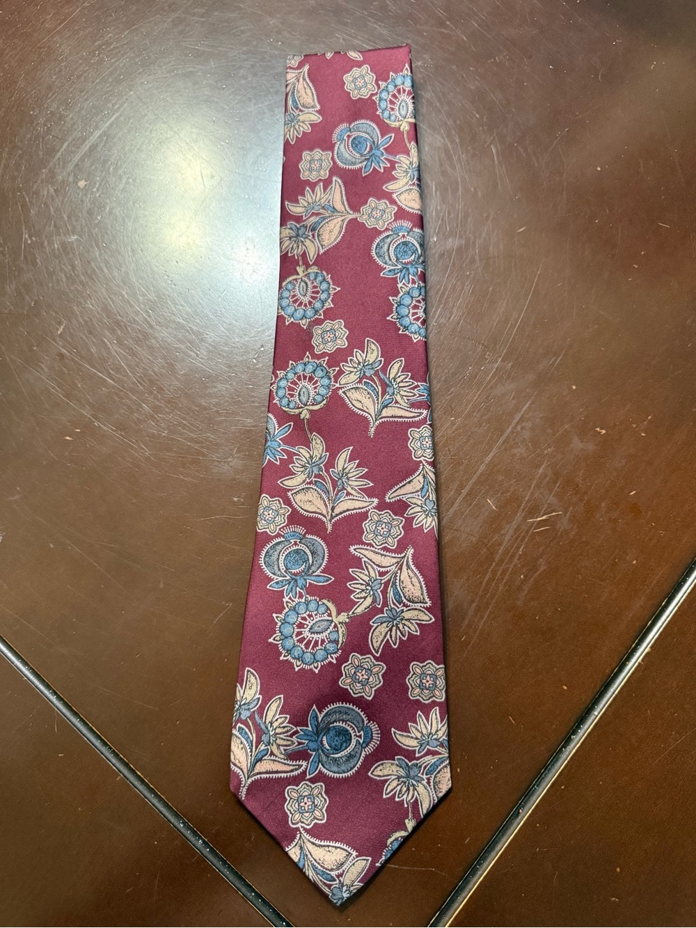 Harve Benard Burgundy Tie with Blue and Cream Floral Motif